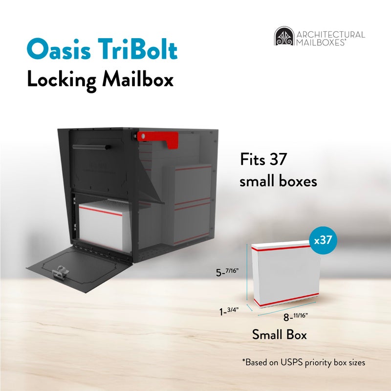 ARCHITECTURAL MAILBOXES صناديق البريد المعمارية أواسيـس® تري بولت™ آمنة، قفل مضاد للفتح معتمد من USPS صندوق بريد ثقيل من الفولاذ معدني مثبت على عمود للخارج، صندوق بريد كبير جداً باللون الأسود مع مغناطيس وباب مقاوم للماء - Image 3